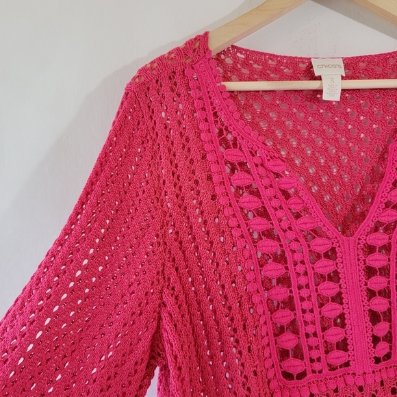 CHICO'S Crochet Detail Jamie Pullover Top Sz 3/L in Raspberry Cottagecore Fairy - Picture 7 of 12